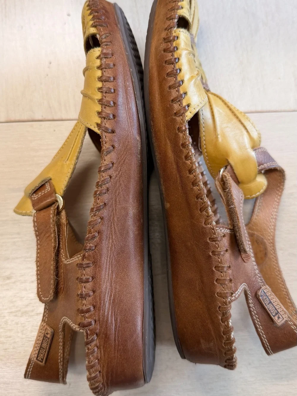 PIKOLINOS Yellow and Brown Leather Floral Cutout Slingback Sandals